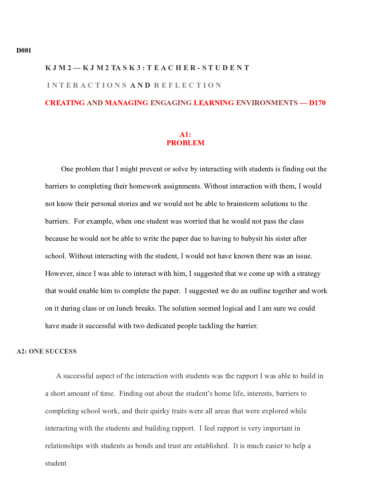 Preview of D170__Task_3.docx  D081  K J M 2 â€” K J M 2 TA S K 3 : T E A C H E R - S T U D E N T   I